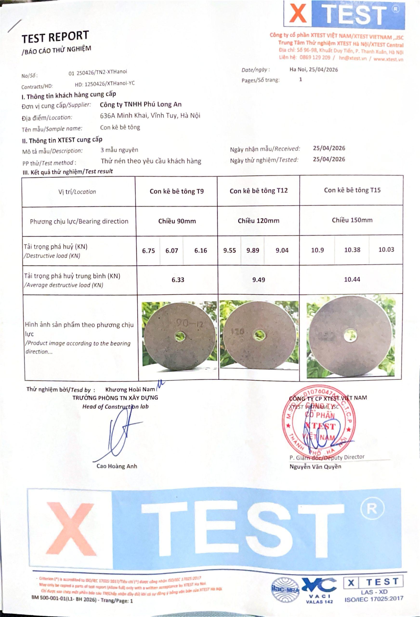 Kết quả thử nghiệm con kê cọc khoan nhồi Thái Long D90 D120 D150