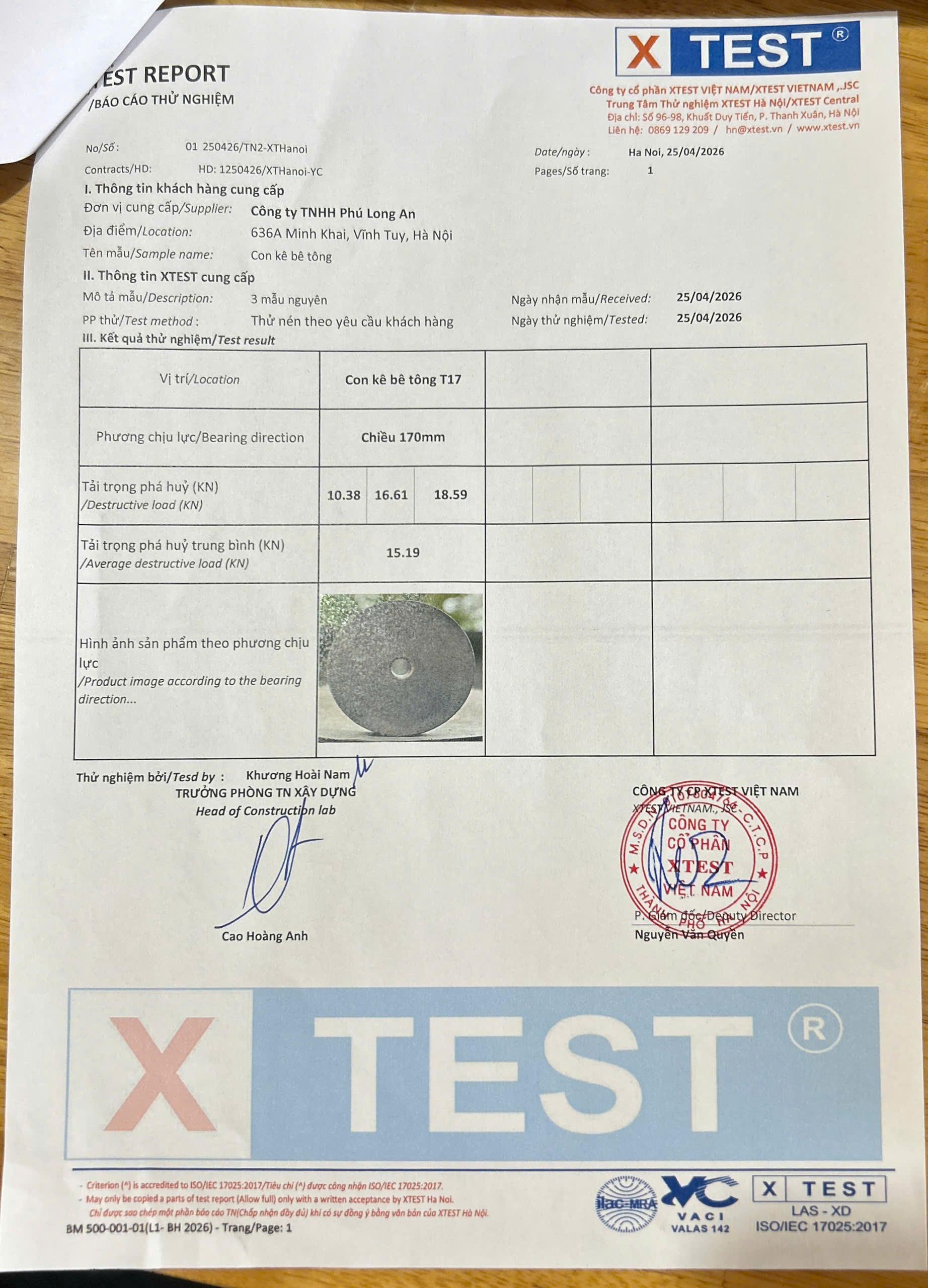 Kết quả thử nghiệm con kê cọc khoan nhồi D170 T17 tại XTEST